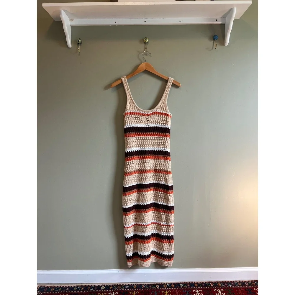 Paper Heart Crochet‎ Knit Striped Maxi Dress Tan Orange Brown Boho Sleeveless M